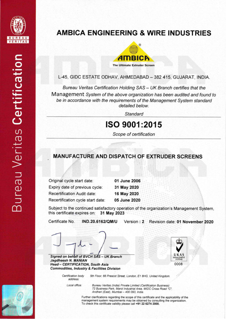 ISO Certificate - Extruder Screens for Plastic & Rubber Processing Machinery
